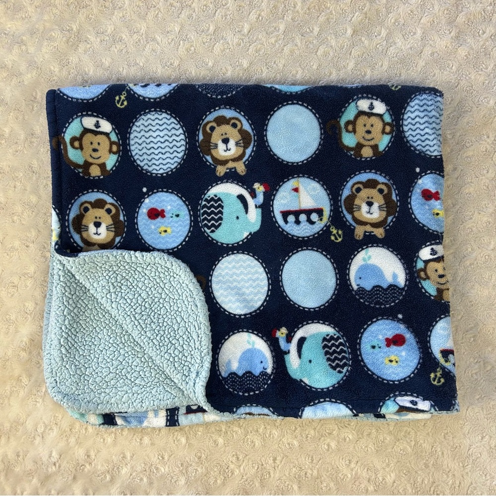 Garanimals Sailor Monkey Baby Blanket Blue Sherpa Lion Whale Elephant Circles